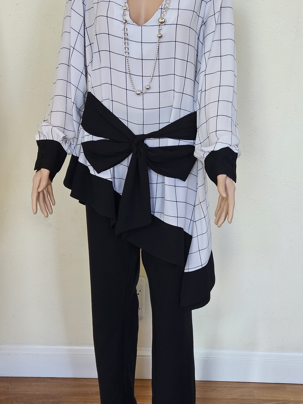 Black Straight-Leg Pants with Black & White Grid Tunic